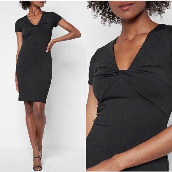Express Women's Body Contour Short Sleeve Knot Front Sheath Dress Black Medium - Picture 1 of 6